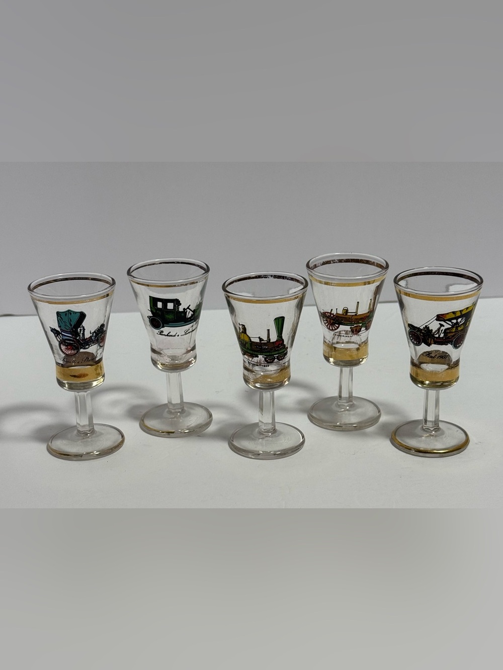 Vintage Mid-Century Gold Rim Antique Car Stemmed Cordial Glasses - Set of 5